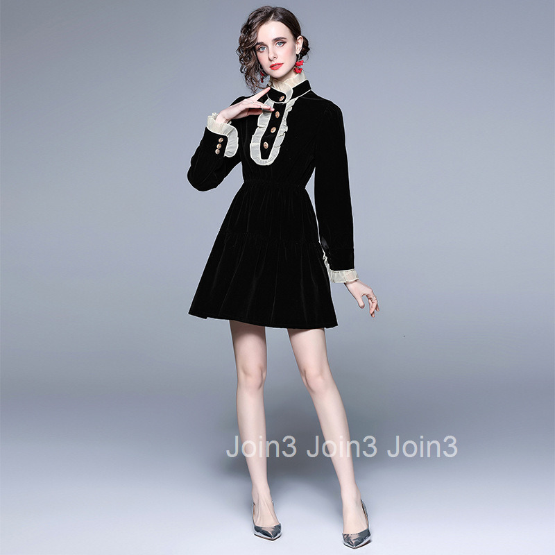 8356 Autumn New Womens Small Black Dress with Black Velvet Long Sleeve Short Skirt Style