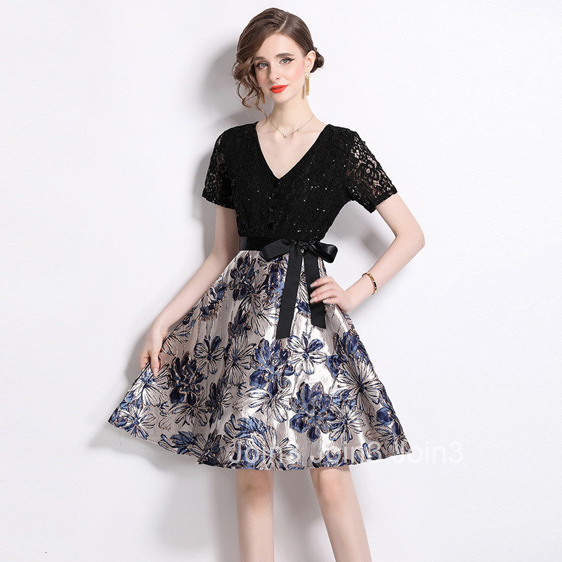 8570 French Style Elegant Lace Hollow Out Versatile Waist-Tie Slimming Patchwork Dress Trendy