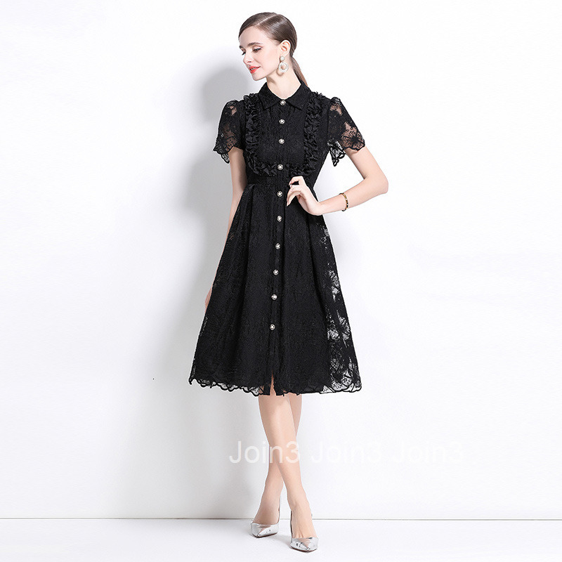 6953 Summer Dress French Elegant Heavy Lace Embroidery Turn-Down Collar Single-Breasted Waist-Cinching Slimming Formal Dress