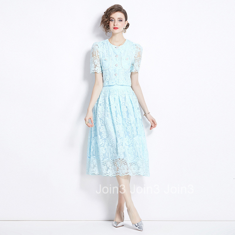 8562 Summer New Womens Fashionable Short Sleeve Set Water Soluble Lace Blouse + Skirt Two-Piece Set