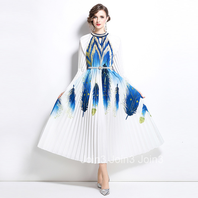 8810 Spring and Autumn new womens clothing temperament nail bead print pleated long skirt long sleeved dress