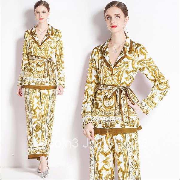 6067 Fashion Suit Set with Printed Shirt and High-Waisted Straight-Leg Wide-Leg Pants