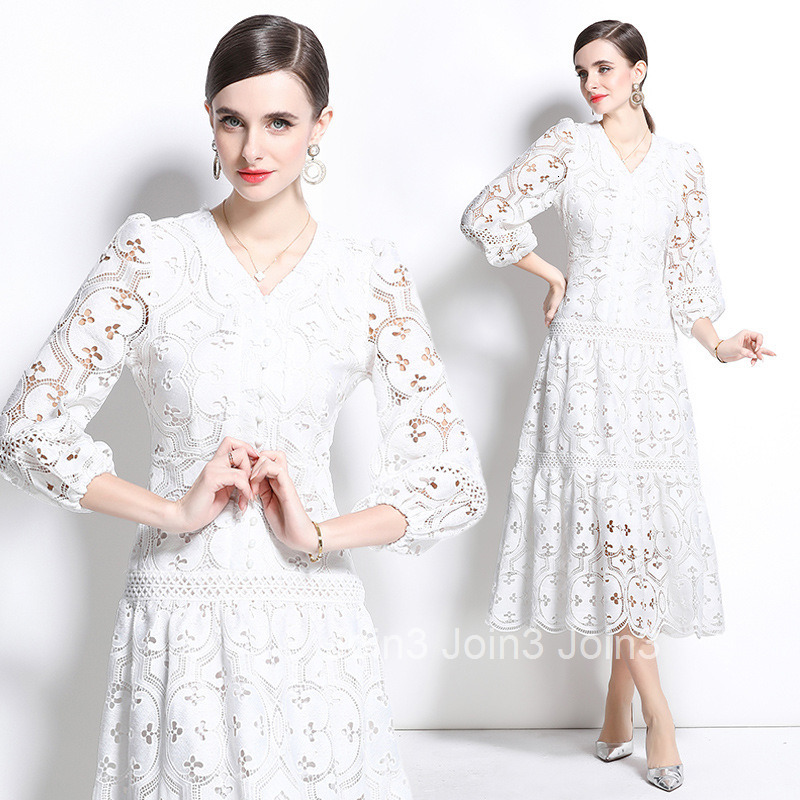 6967 Spring and Autumn New Womens Dress Style Hollow Hook Flower Waist Lantern Sleeve Large Swing Long Dress