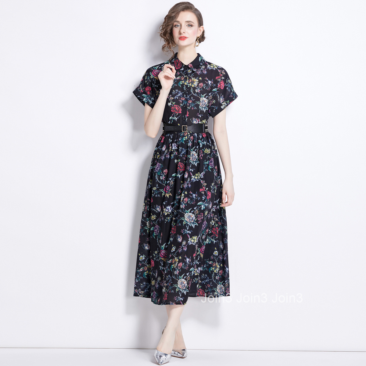 1899 Summer New Womens Printed Collar Short Sleeve Slimming Long Dress with Inner Lining (Comes with Belt)