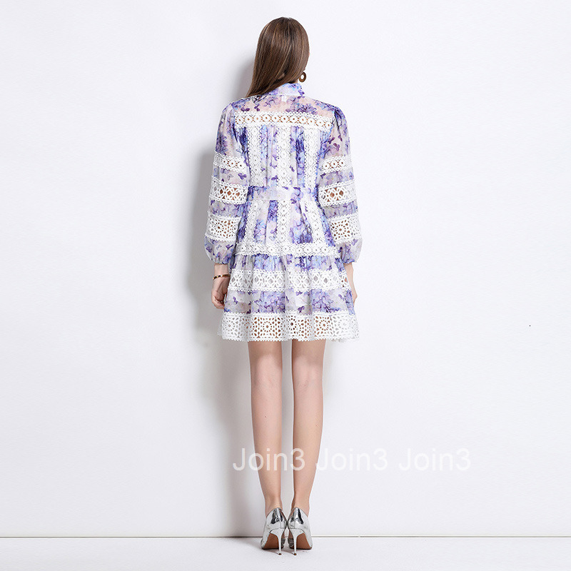 5157 Spring New Long Sleeve Hollow Lace Patchwork Printed Dress