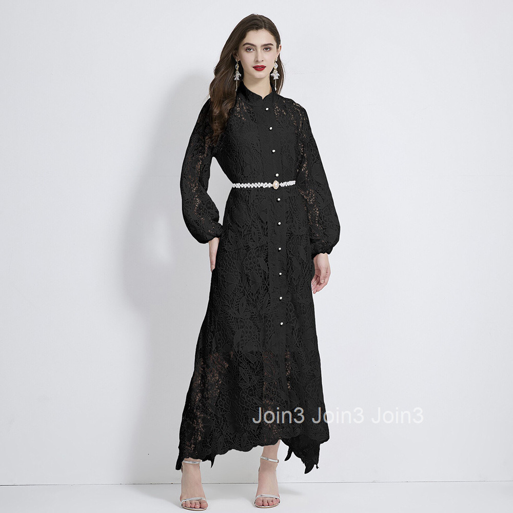 2114 Water soluble lace stand up collar lantern sleeves pearl belt waist cinching temperament long skirt dress two-piece set