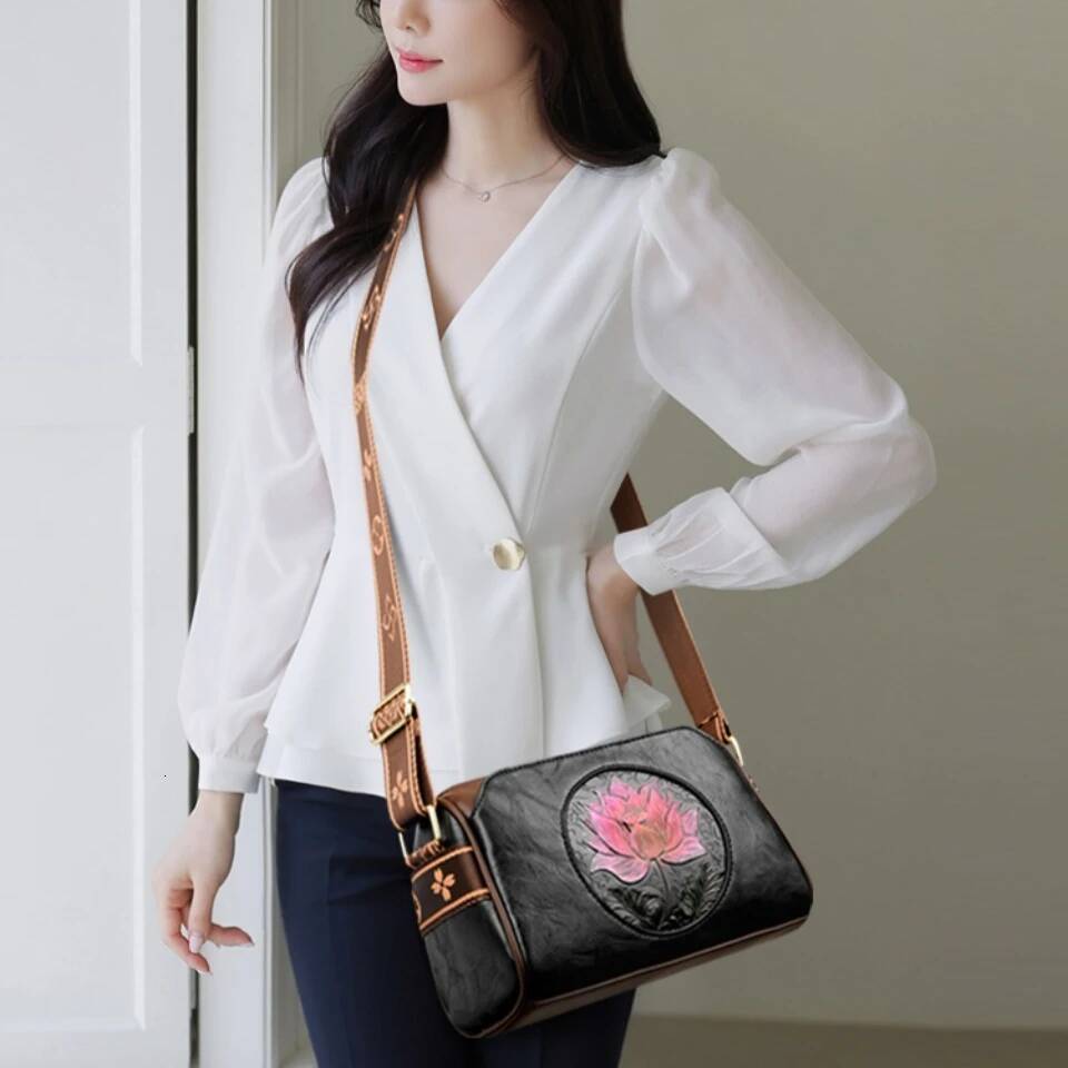 Three Layers Handbag Soft Leather Shoulder Crossbody Bags for Women Flower Print Ladies Messenger Bag with WIde Strap