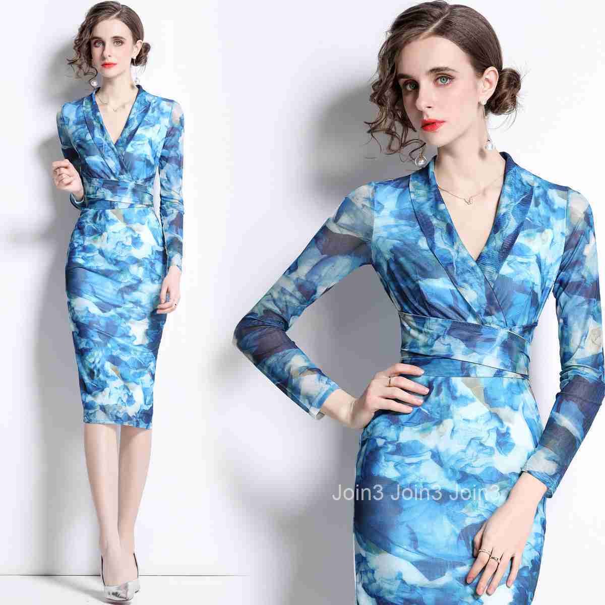 9038 Spring Summer New Womens Fashion Elegant Printed Dress V-neck Long Sleeve Tie Slim Fit Mid-length Dress