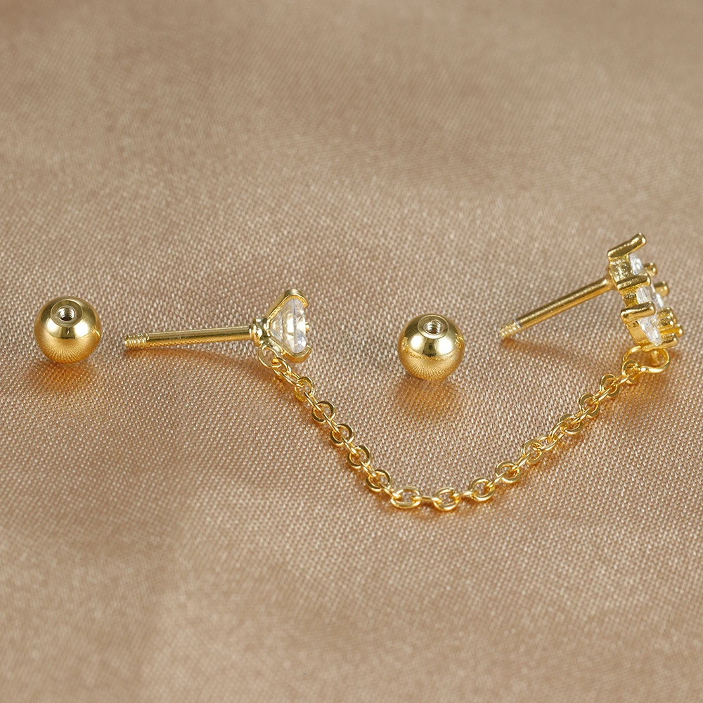 Stainless Steel Zircon Crown Stud Earrings For Women 18K Gold Plated Double Studs Chain Tassel Piercing Earring Fashion Jewelry 250715