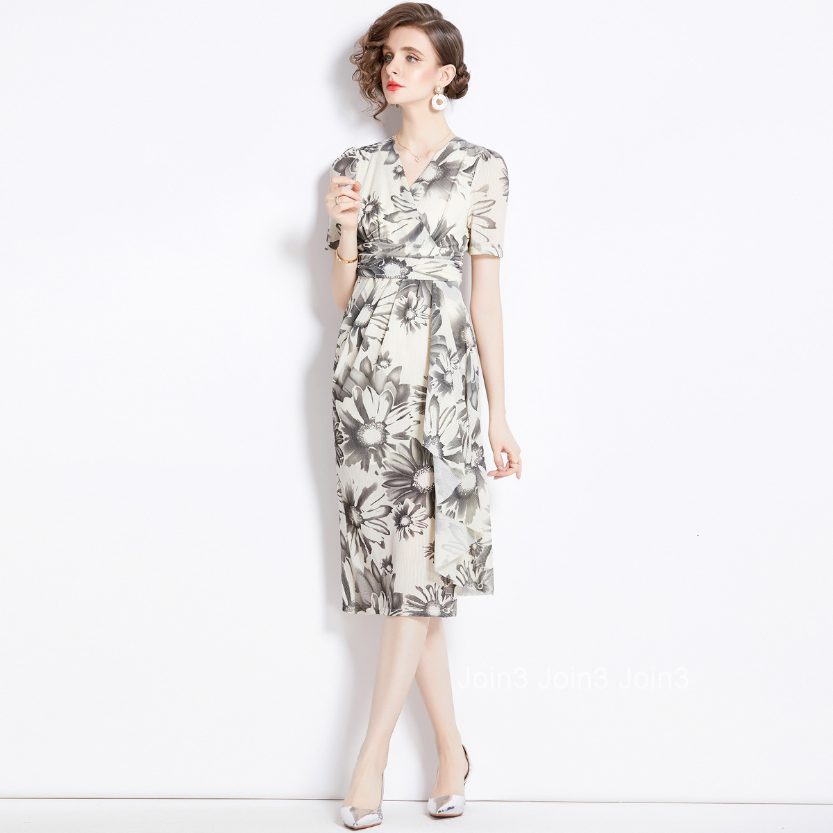 1977 Spring Summer New Womens Fashion Elegant V-neck Slim Fit Floral Short Sleeve Mid-length Dress