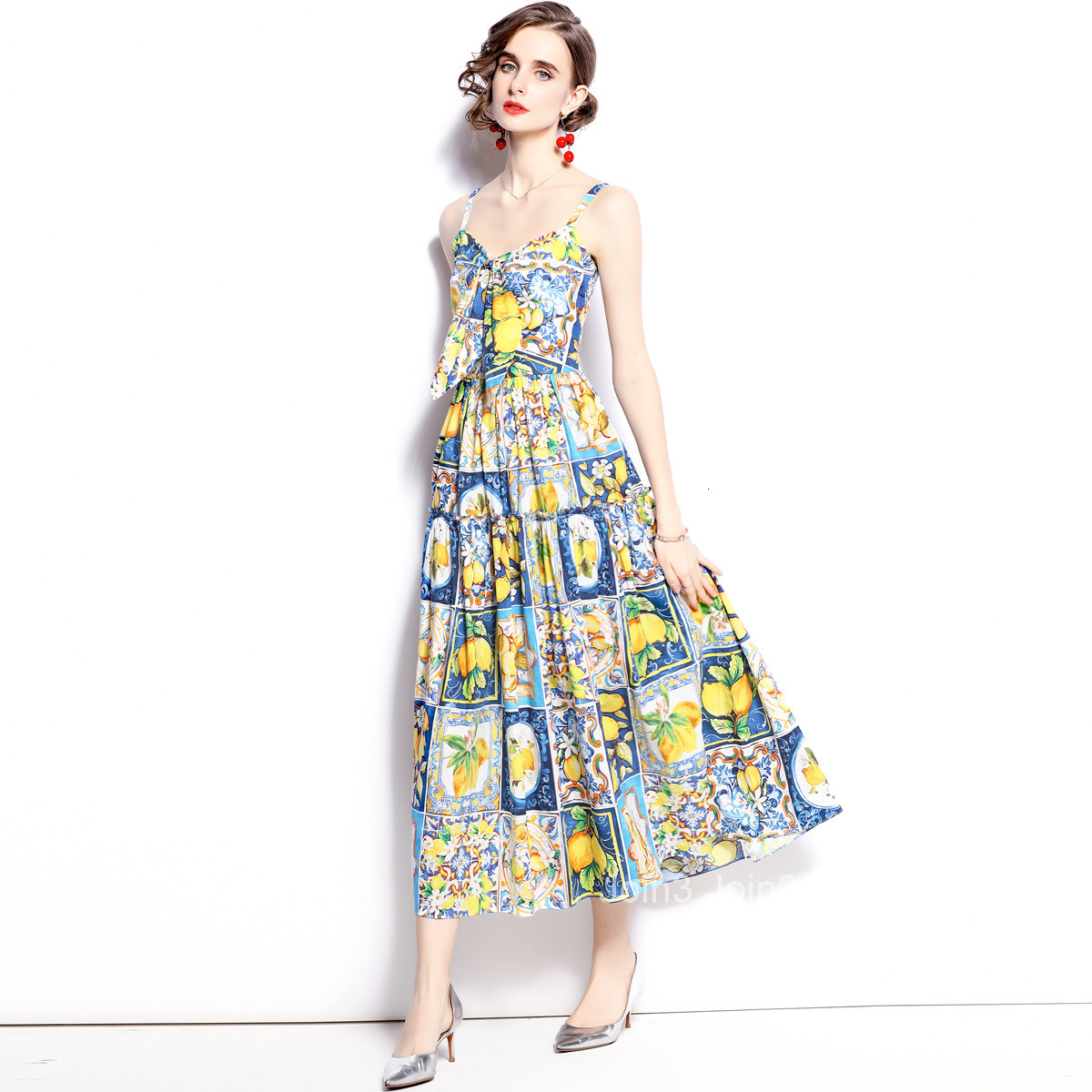 8905 Summer New Womens Lemon Blue and White Porcelain Print Bow Waist Slimming Strap Dress