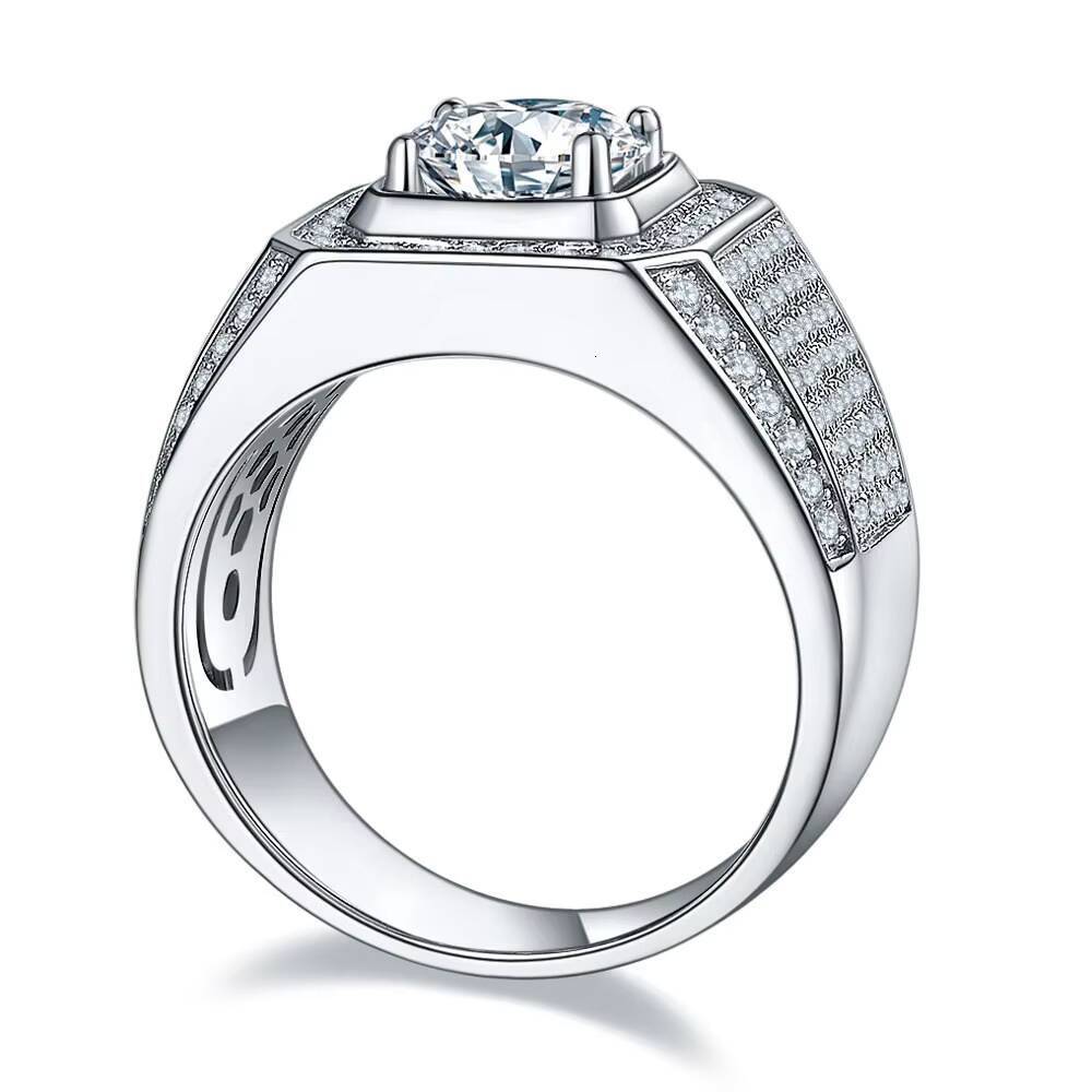 S925 Sterling Silver Mens Wedding Ring with 2 Karat Moissanite Micro-Inlaid Hip Hop Style for Handsome Groom