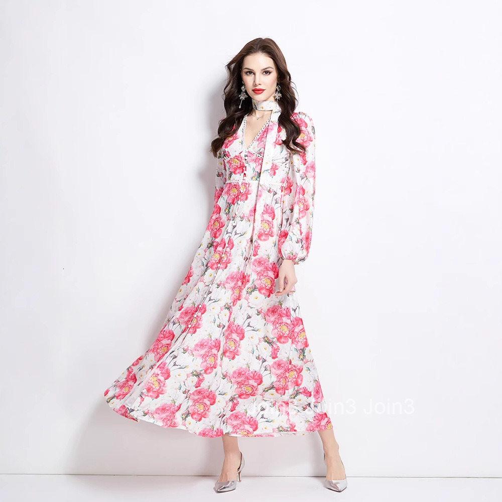 2708 Spring and Summer New Watercolor Floral Long Sleeve Long Dress