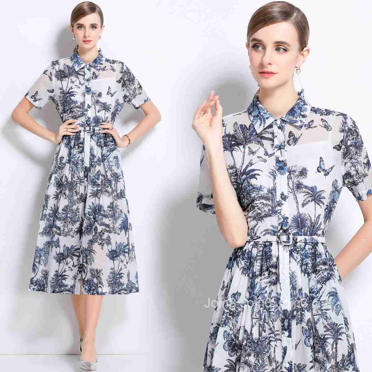 5885 Slim Fit Simple Turn-Down Collar Printed Short Sleeve Flared Womens Shirt Long Dress