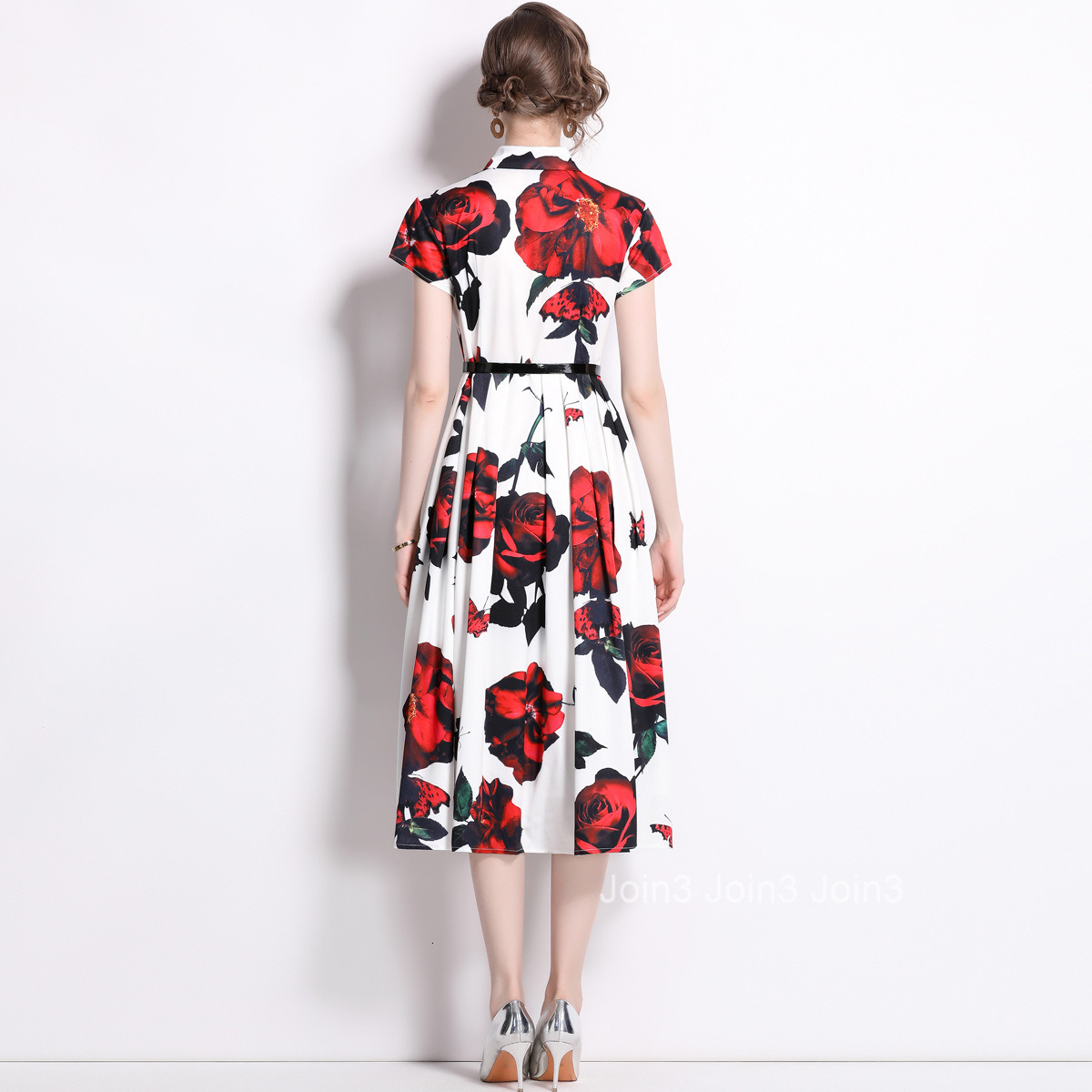 6861 Summer New Rose Print Mid-Length Dress Slim Fit Turn-Down Collar A-Line Dress Flared Dress (With Belt)