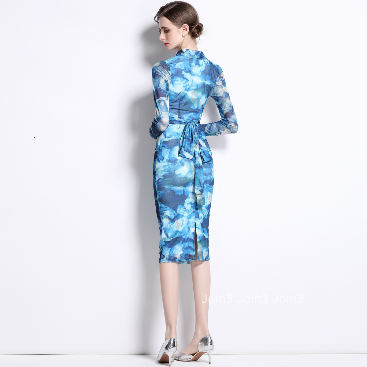 9038 Spring Summer New Womens Fashion Elegant Printed Dress V-neck Long Sleeve Tie Slim Fit Mid-length Dress