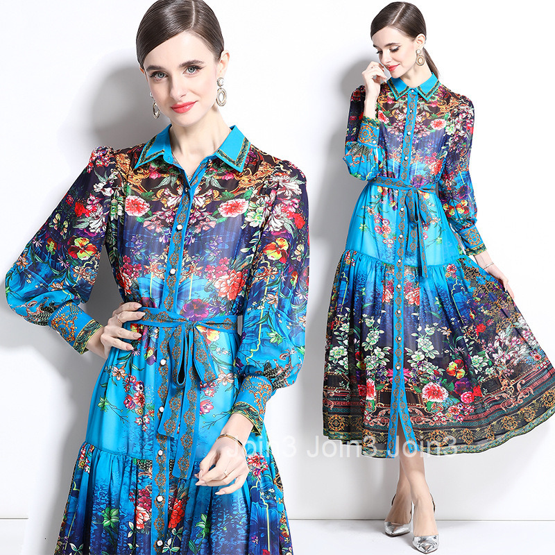 1242 Spring/Summer New Chiffon Collar Lantern Sleeve Printed Dress Long Skirt