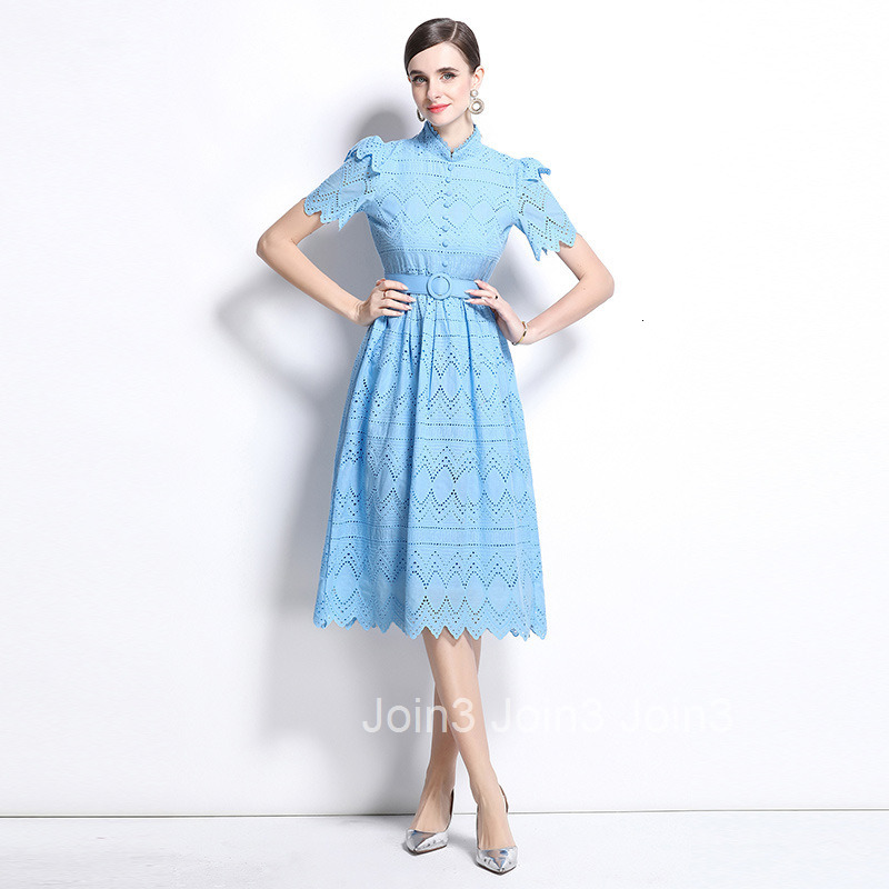 710 New Product Lace Elegant Splicing Waist Short Sleeve Dress
