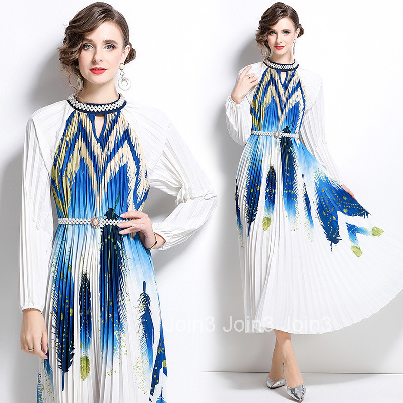 8810 Spring and Autumn new womens clothing temperament nail bead print pleated long skirt long sleeved dress