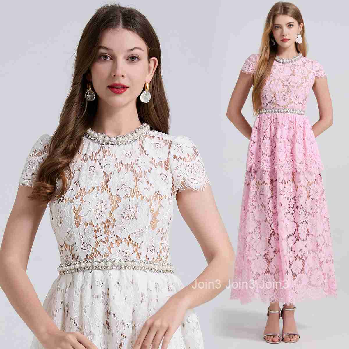 782 Goddess Style Heavy White Rhinestone Pearl Short Sleeve Cake Dress High Waist Long Dress