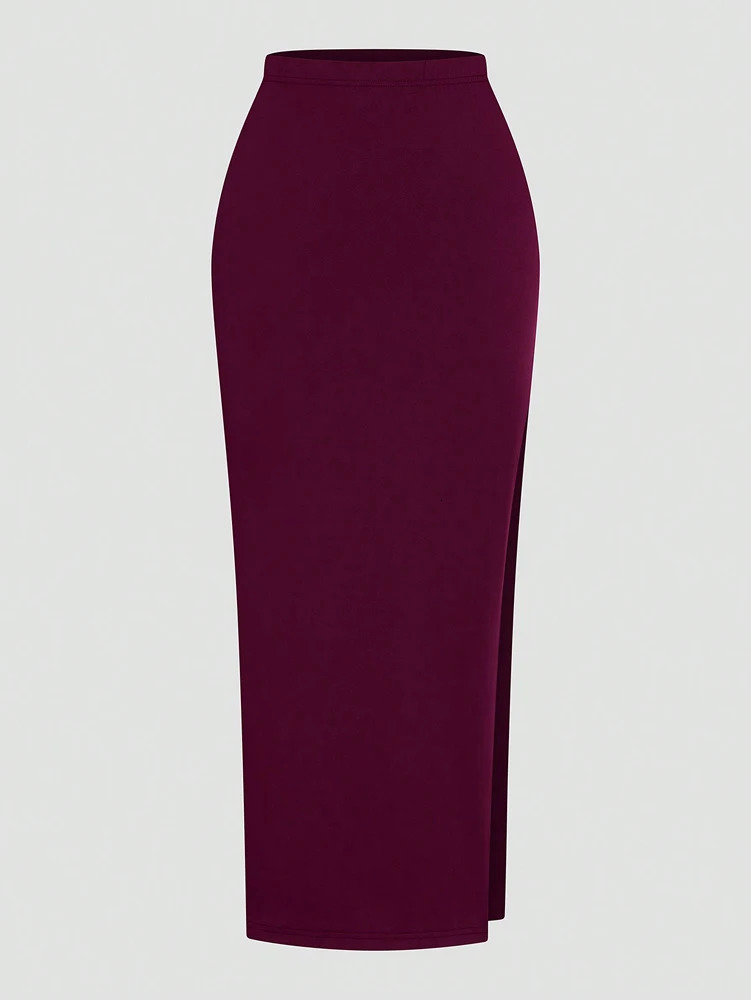 Plus Size Ms Burgundy Sexy Romantic Urban Woman Sleeveless Neck Swing Top Split Half Skirt Long Two Piece Set 250717