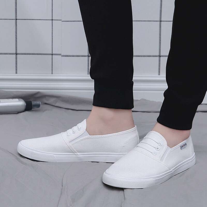 Medical Classroom Slip-On Canvas White Elastic Flat Lightweight Three-Time Vulcanized Rubber Shoes Men's Sneakers