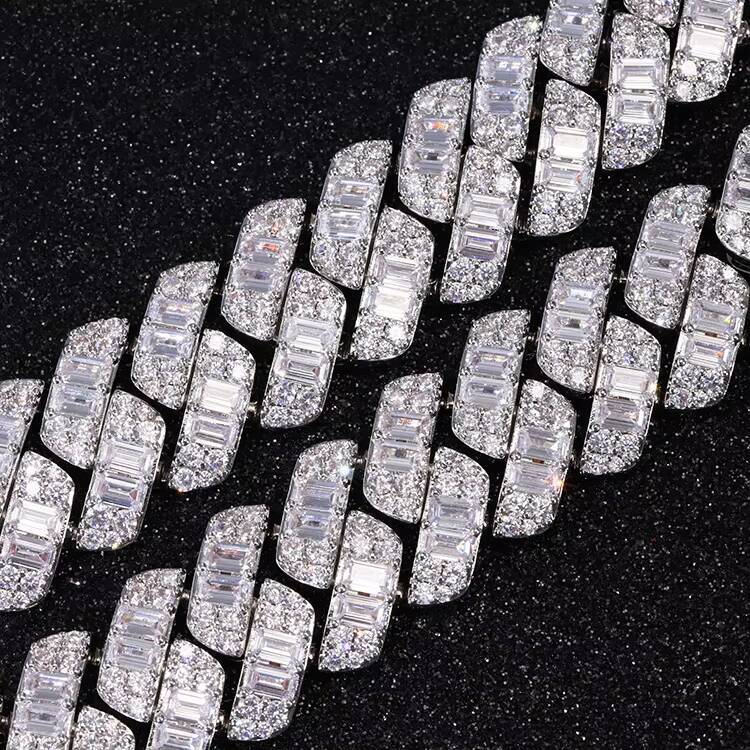 VVS Moissanite Cuban Link Chain Necklace Custom Iced Baguette Straight Line Cuban Chain Hip Hop 925 Silver Jewelry