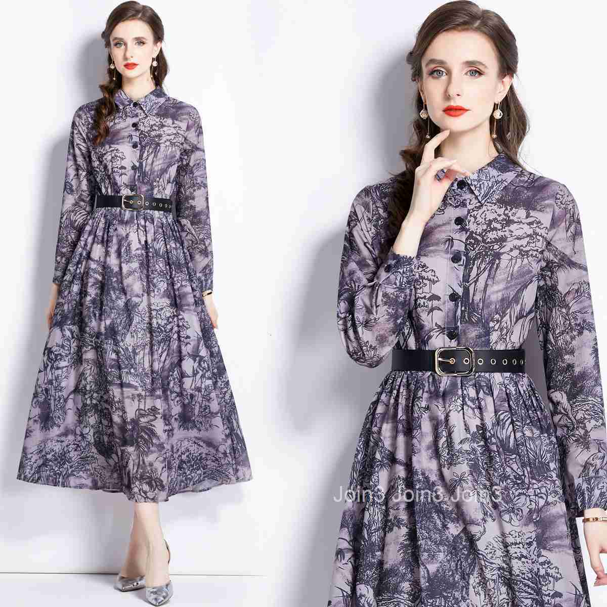 1605 Autumn New Womens Polo Neck Print Waist Wrap Long Dress (with Belt)
