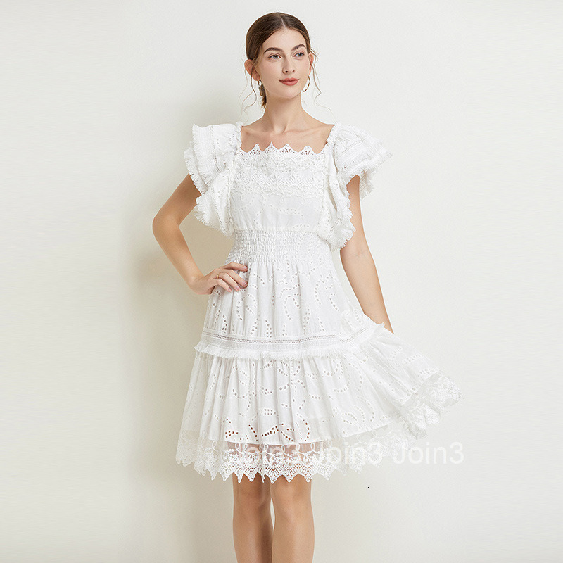 7701 Summer New Womens Fashion Elegant Solid Color Flutter Sleeve Square Neck Fashion Lace Trim Dress