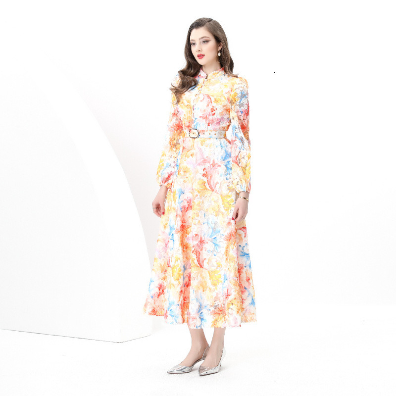 8845 Early Spring New Womens Fashion Elegant Lace Stand Collar Waist Cinching Lantern Sleeve Long Dress Printed Dress