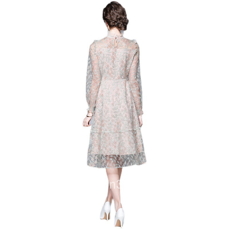 9943 Spring and Autumn womens clothing elegant mesh embroidery long sleeves slim fit slimming mid length dress