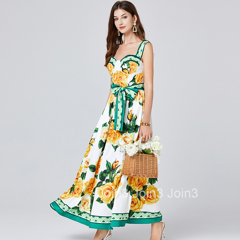 697 Summer New Womens Fashion Elegant Printed Strap Long Dress Slim Fit High Waist Flared Dress