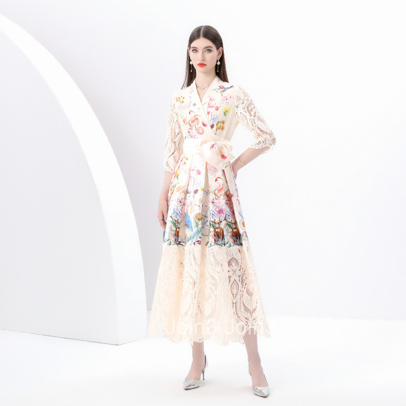 6141 Early Spring New Style Bodycon Tie V-neck Elegant Long Dress Lace Patchwork Printed Dress