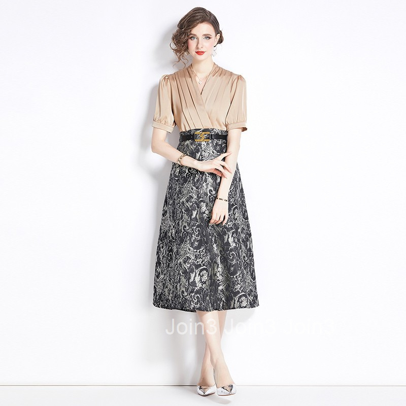 8726 Summer New Womens Elegant Fake Two-Piece Patchwork V-Neck Jacquard Flared Pocket Dress