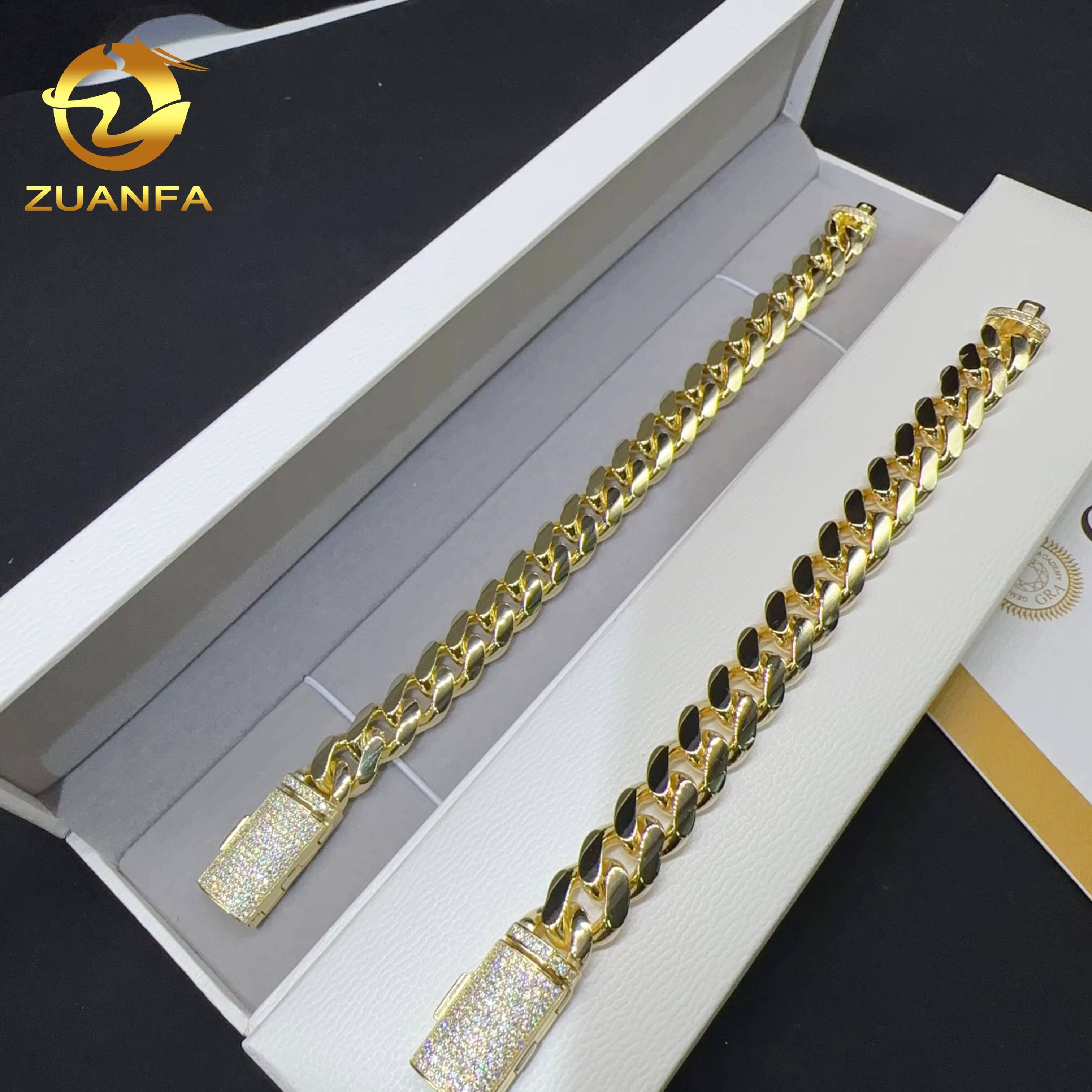 Hip hop real gold plated 12mm width bracelet 925 sterling silver fashion jewelry miami vvs moissanite plain cuban link bracelet