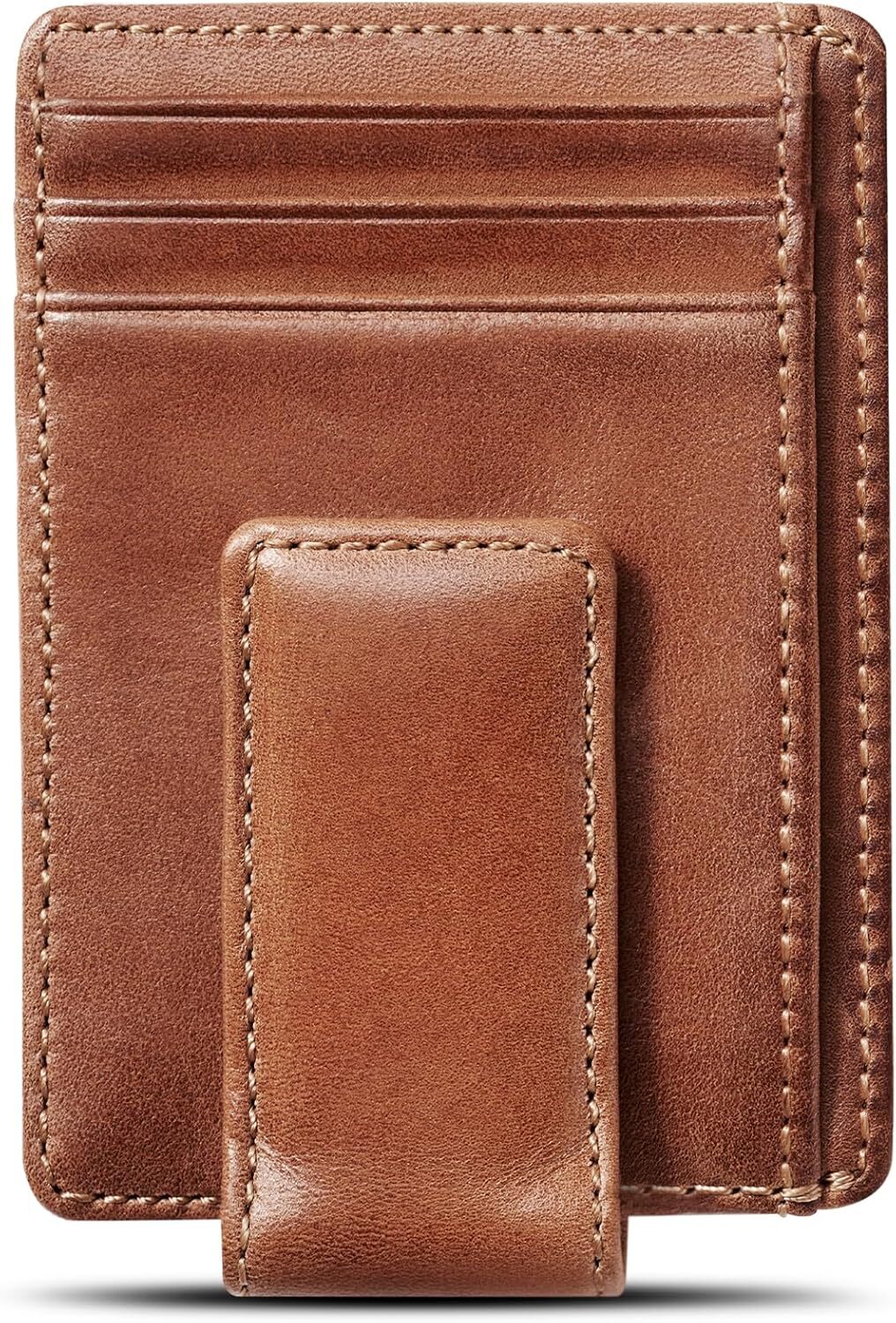 YMX Slim Money Clip for Men, Strong Magnetic Clip, Front Pocket Wallet Card Holder, Full Grain Cowhide Leather,Tan