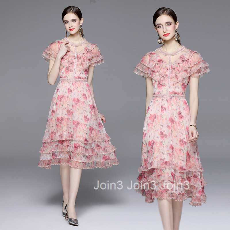 832 Summer New Womens Fashion Printed Ruffle High Waist Slimming Mid-Length Dress