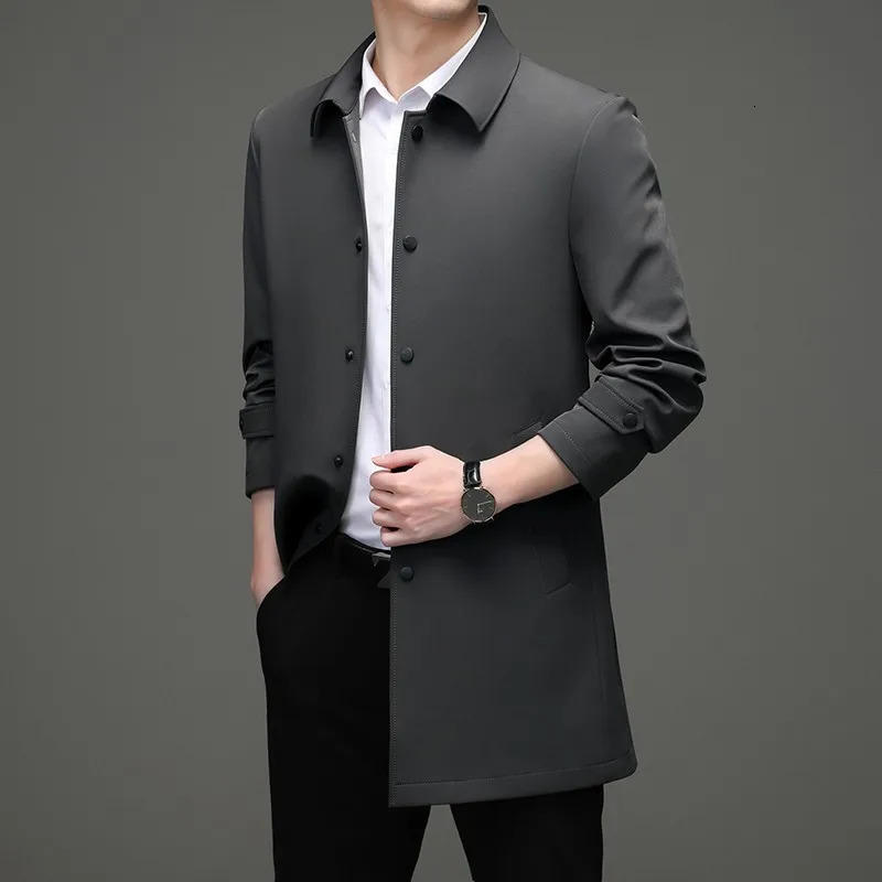 High quality Solid Trench Coats Mens Business Casual Fashion Wild Trench Turn-Down Collar Slim Trench Coat Male 250716