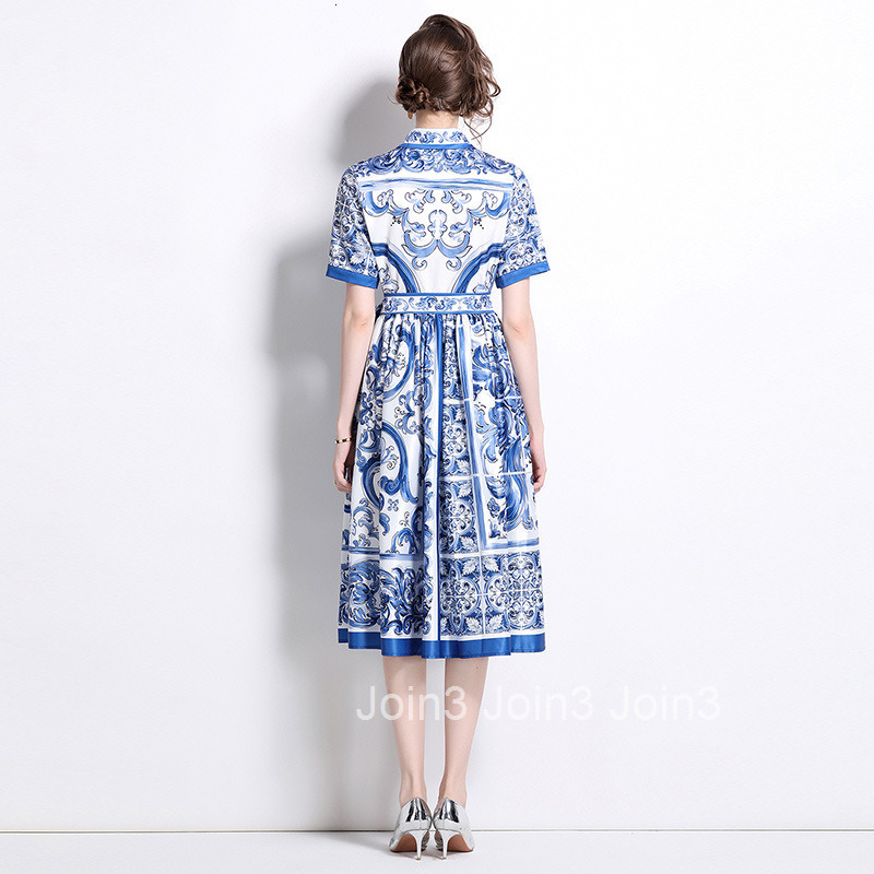 8763 Summer New Womens Fashion Waist-Cinching Blue and White Porcelain Print Short Sleeve Single-Breasted Cardigan Dress