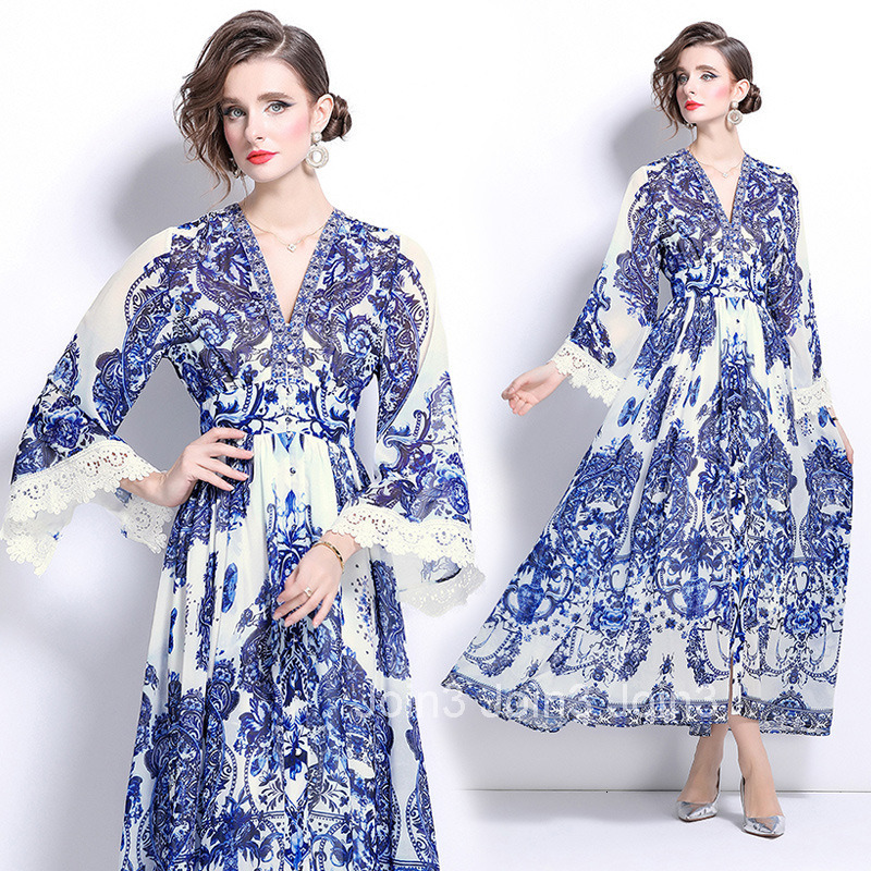 1019 Autumn New Seaside Vacation Beach Skirt Blue and White Porcelain Pendant Skirt Dress