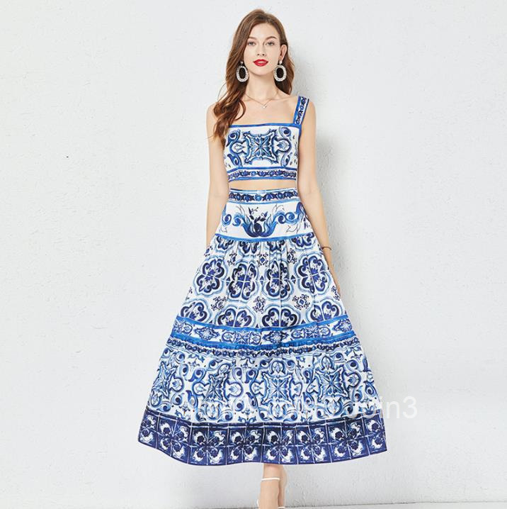 516 Summer Blue and White Porcelain Printed Set Womens Three Dimensional Belt with Chest Cushion Short strapless Strap and Hundred Fold Half Skirt Two