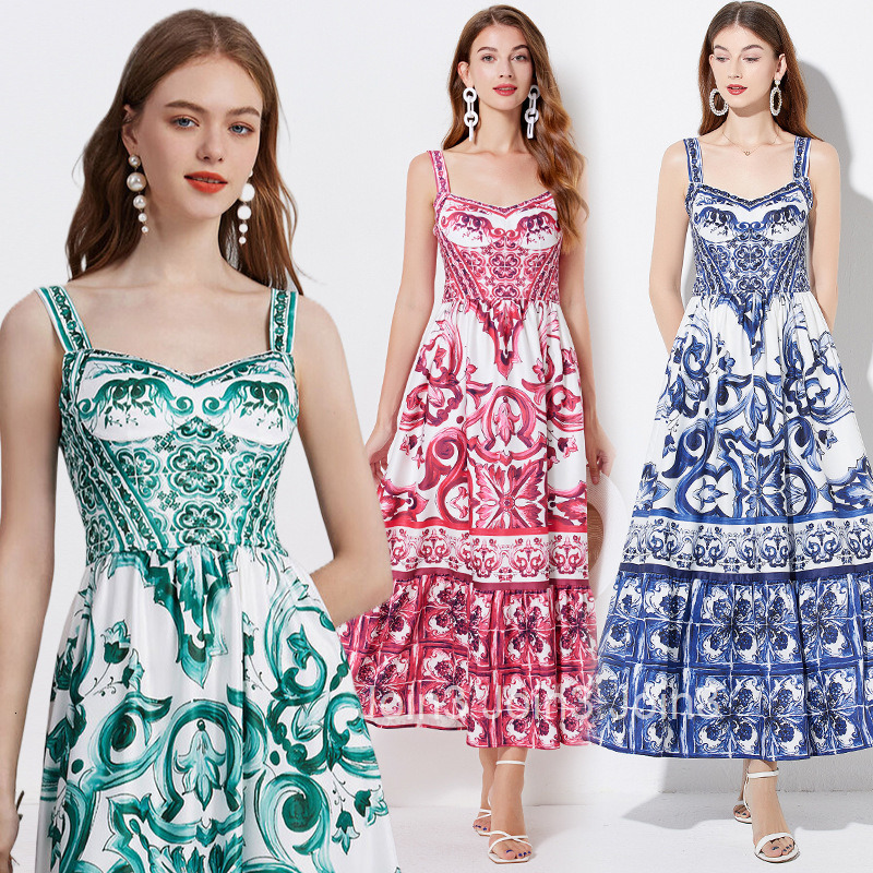 485 summer womens printed suspender long dress with slim fit and waist cinching back elastic A-line skirt