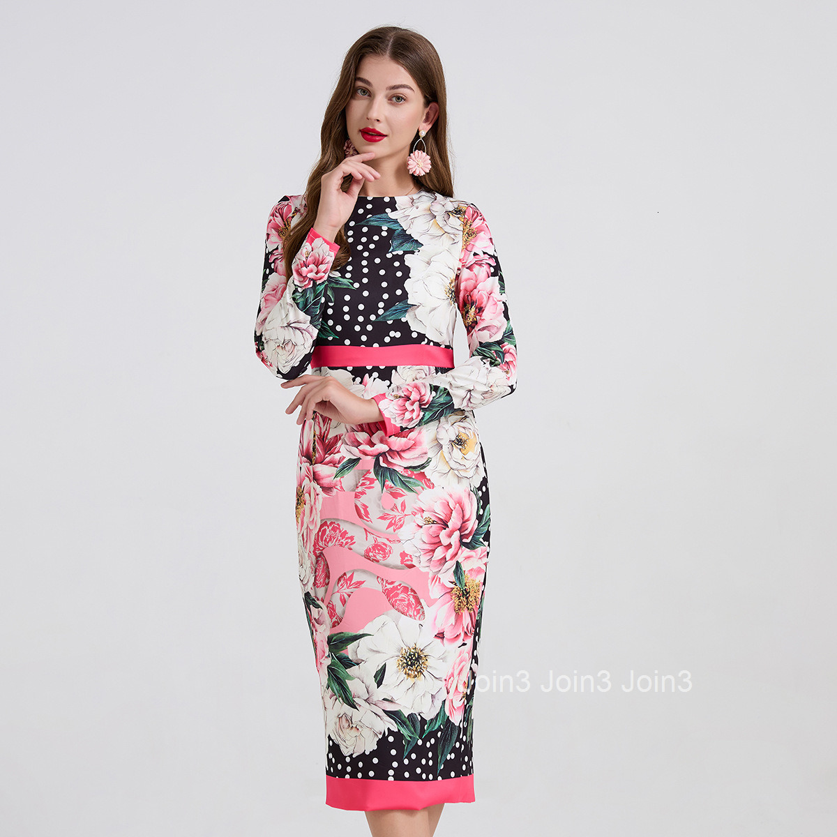 824 Style Positioning Dot Large Flower Slim Fit Bodycon Dress High Waist Round Neck Long Sleeve Dress