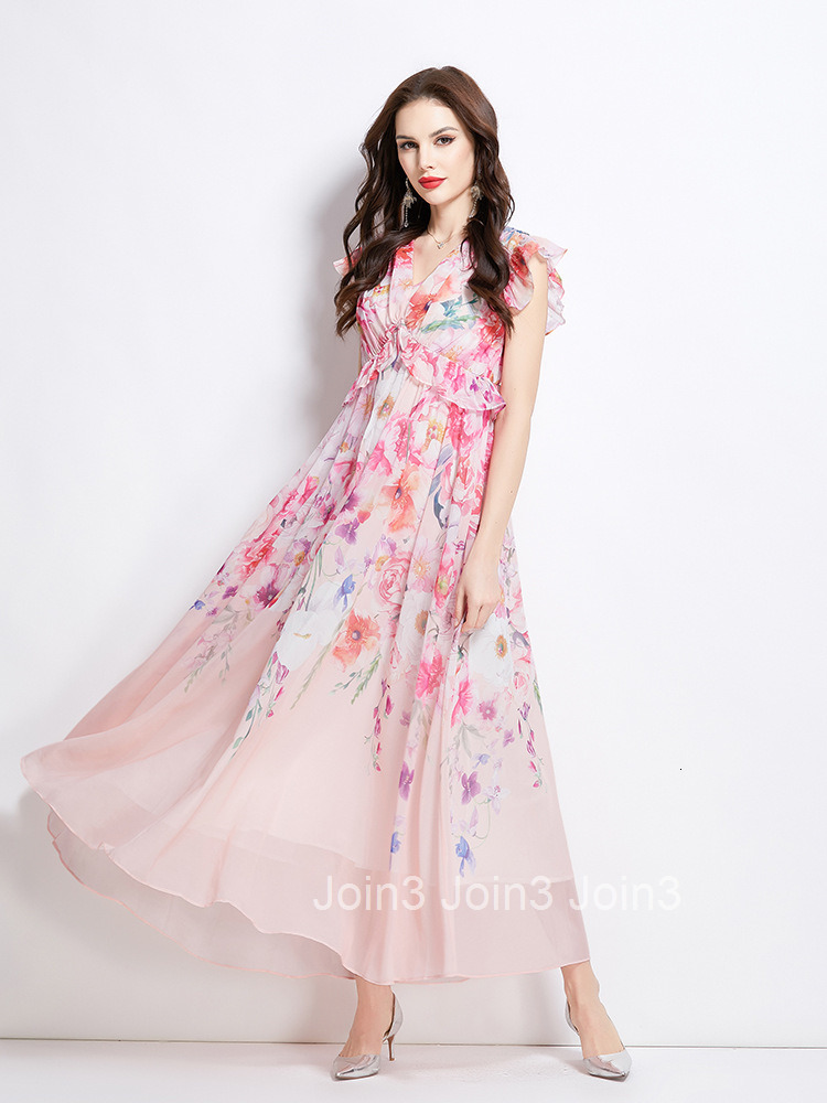 2711 Spring New Floral Small Flutter Sleeve Long Dress