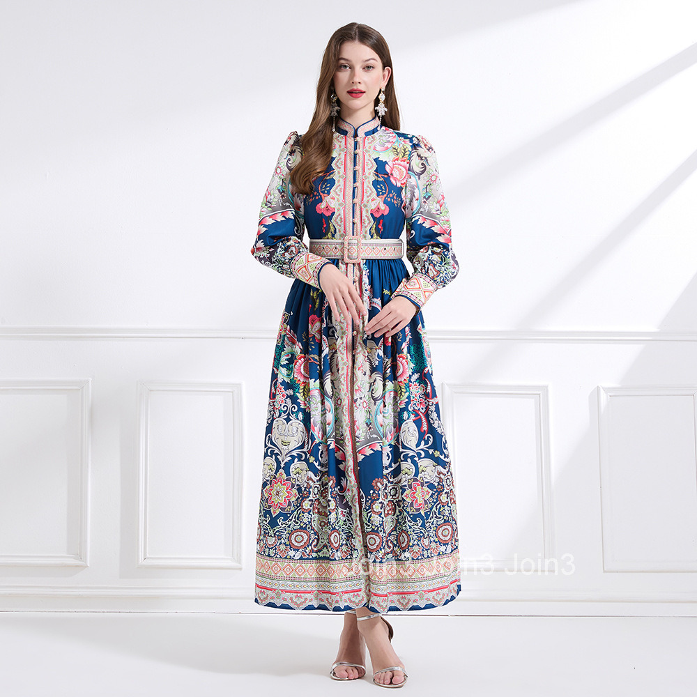 2175 Spring New Womens Clothing Elegance Style Stand Collar Printed Lantern Sleeve Long Dress