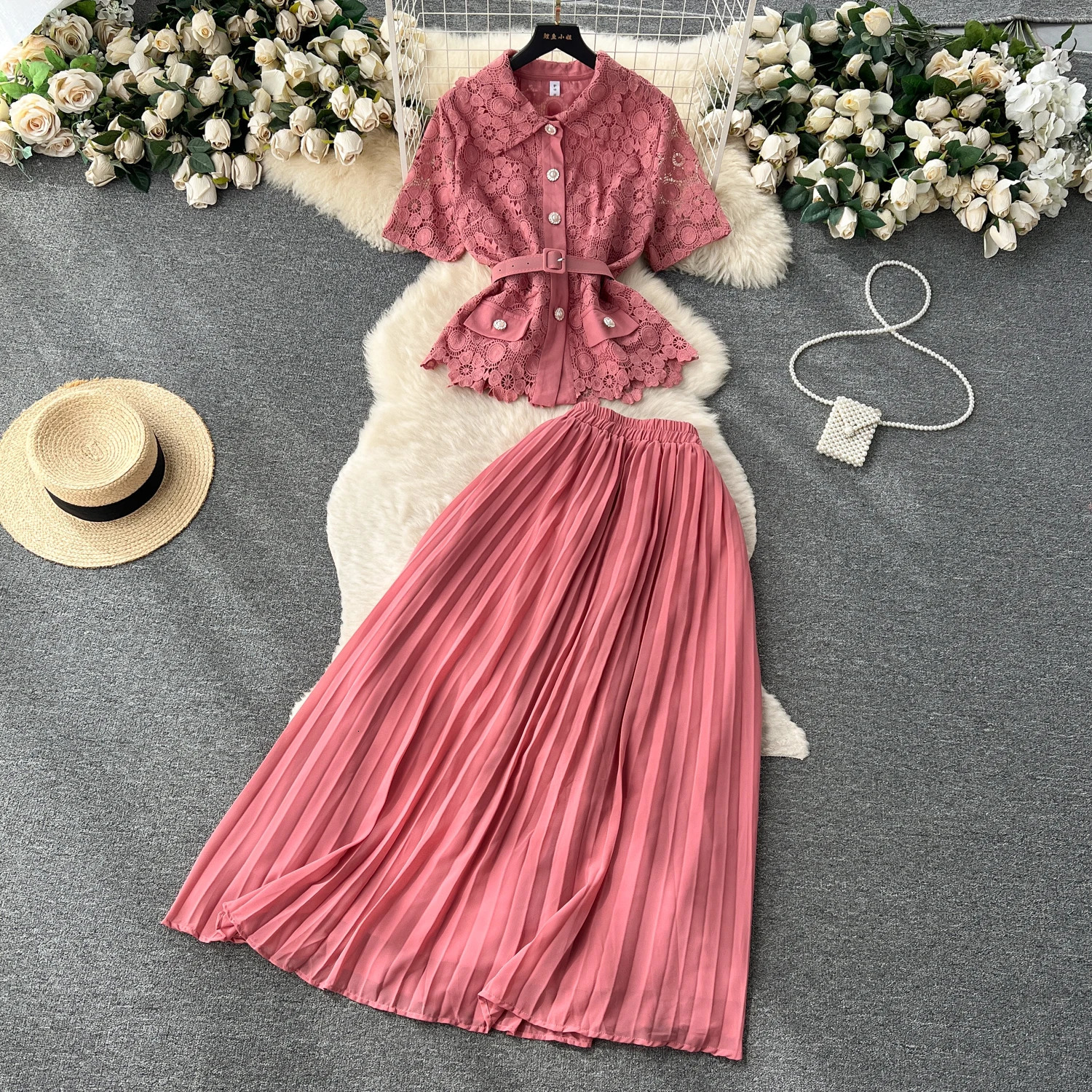 Women Chic French Two Pieces Sets Lapel Short Sleeve Shirt Elegant High Waitst A-line Pleated Skirt Chiffon Fashion Summer Sets 250714