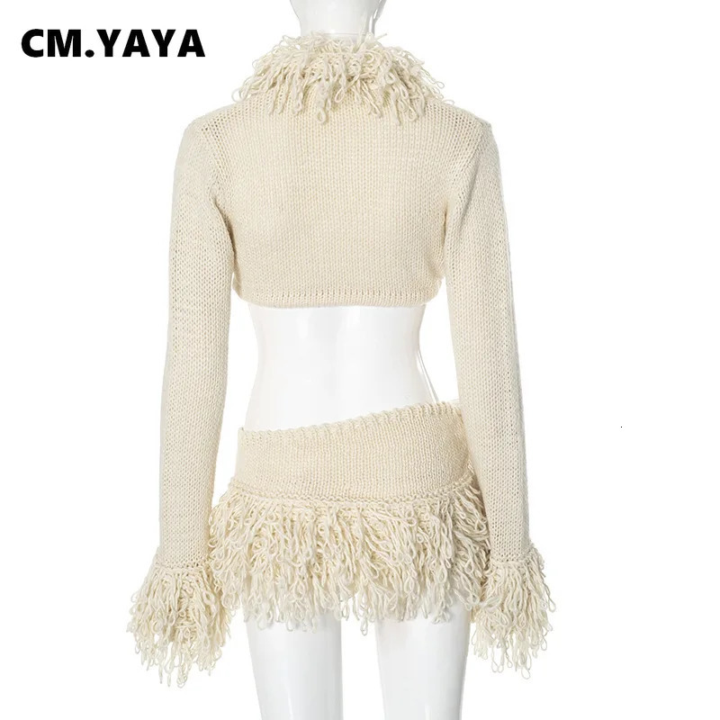 CMYAYA Women Knitted Mini Skirt Sets VNeck Long Sleeve Tassel Crop Top Fall Streetwear Sexy Party Two 2 Piece Outfits 250717