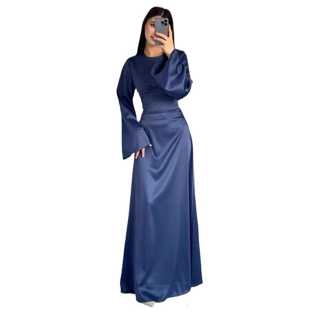 European and American Spring New Style Waist-Cinching Slimming Tie Solid Color Sleeve Long Elegant Women's Dress