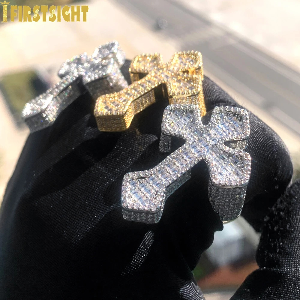 Bling Cross Ring Iced Out Zircon Prong Setting Gold Color Fashion Finger Men Hip Hop Jewelry 250717