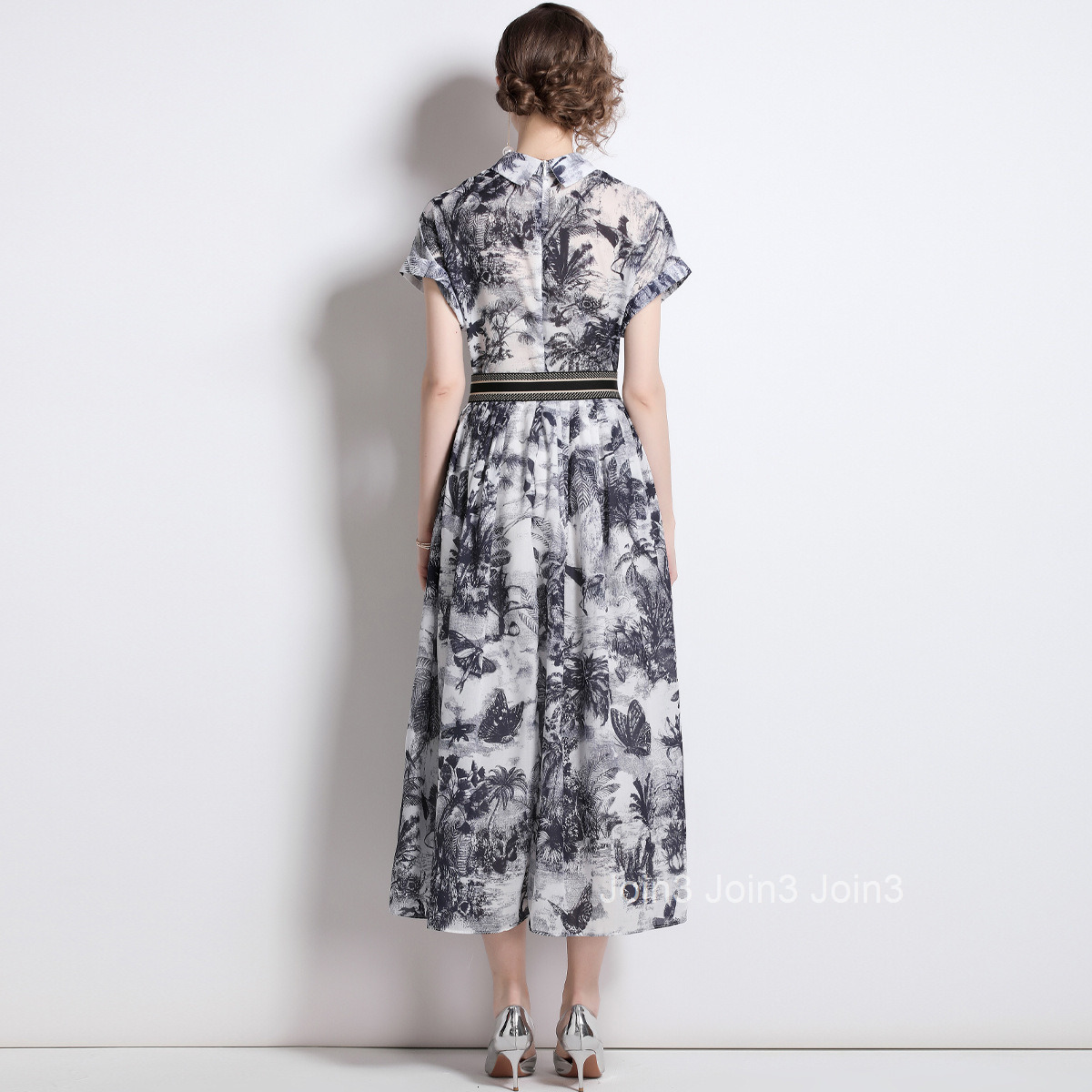 1895 Summer New Womens Printed Collar Short Sleeve Slimming Long Dress (with Belt)